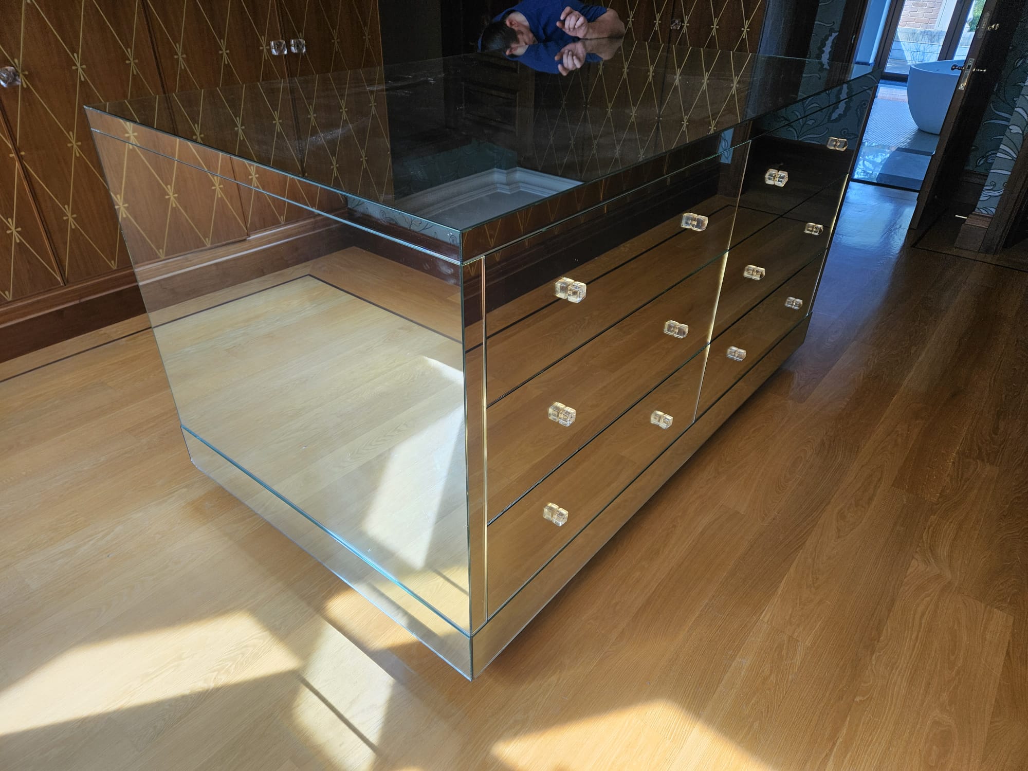 Custom 12 drawer glass console dismantled and moved securely